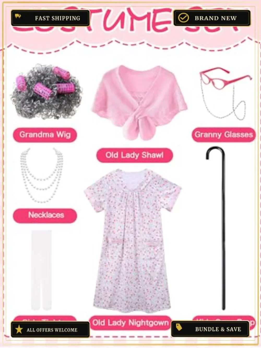 Girls Old Lady Costume 8 Piece Grandma Dress Up Set 100 Days of School